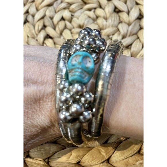 Skull Turquoise Stone Silver Tone Wire Wrapped Cuff Bracelet Whimsigoth Punk - Picture 3 of 8